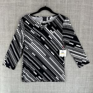 Rafaella Blouse Womens S Black Striped Jersey 3/4 Sleeve Studded Pullover